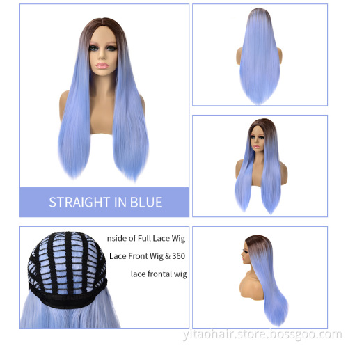 Long Straight allure romance  Glueless Ombre color light Blue High Temperature Heat Resistant Fiber colorful Hair Wigs for Women